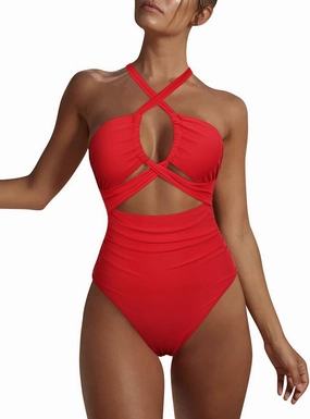 Hilor Women's One Piece Swimsuit Sexy Cutout Halter Bathing Suits Crossover High Cut Monokini Swimwear