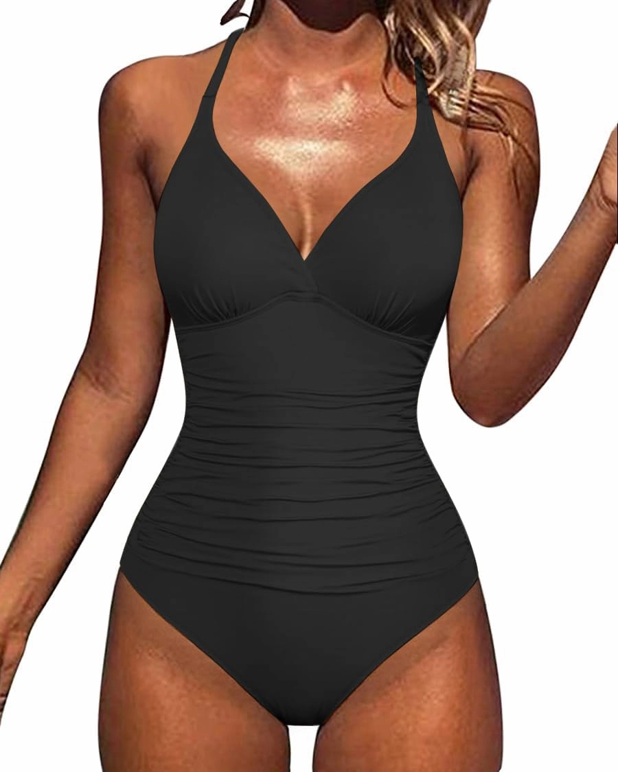 Hilor Women's Tummy Control One Piece Swimsuits Halter V Neck Push Up Slimming Bathing Suits Ruched Swimwear