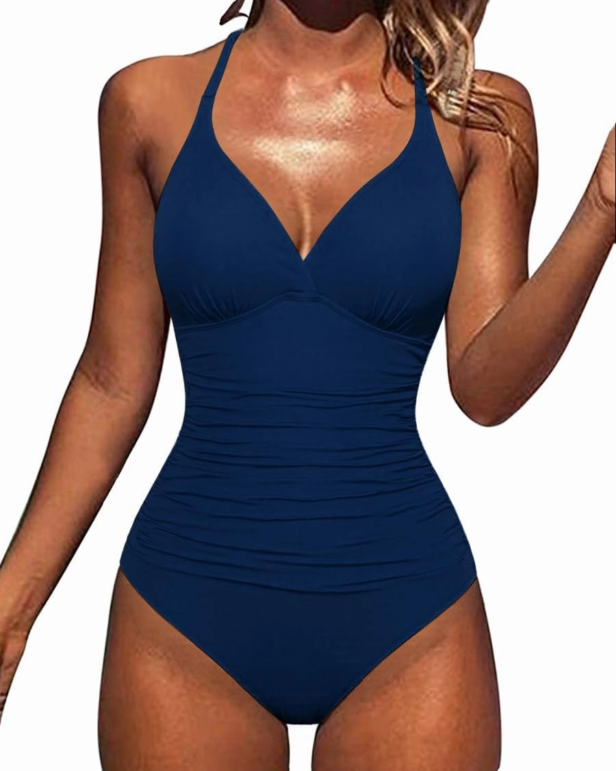 Hilor Women's Tummy Control One Piece Swimsuits Halter V Neck Push Up Slimming Bathing Suits Ruched Swimwear