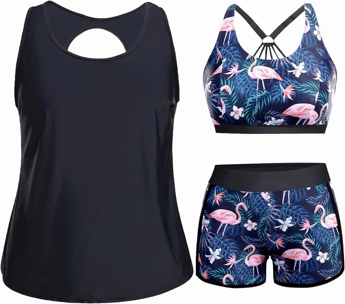 Holipick Women Plus Size 3 Piece Tankini Swimsuits Tummy Control Bathing Suits with Boy Shorts Tank Top with Sports Bra