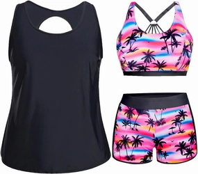 Holipick Women Plus Size 3 Piece Tankini Swimsuits Tummy Control Bathing Suits with Boy Shorts Tank Top with Sports Bra