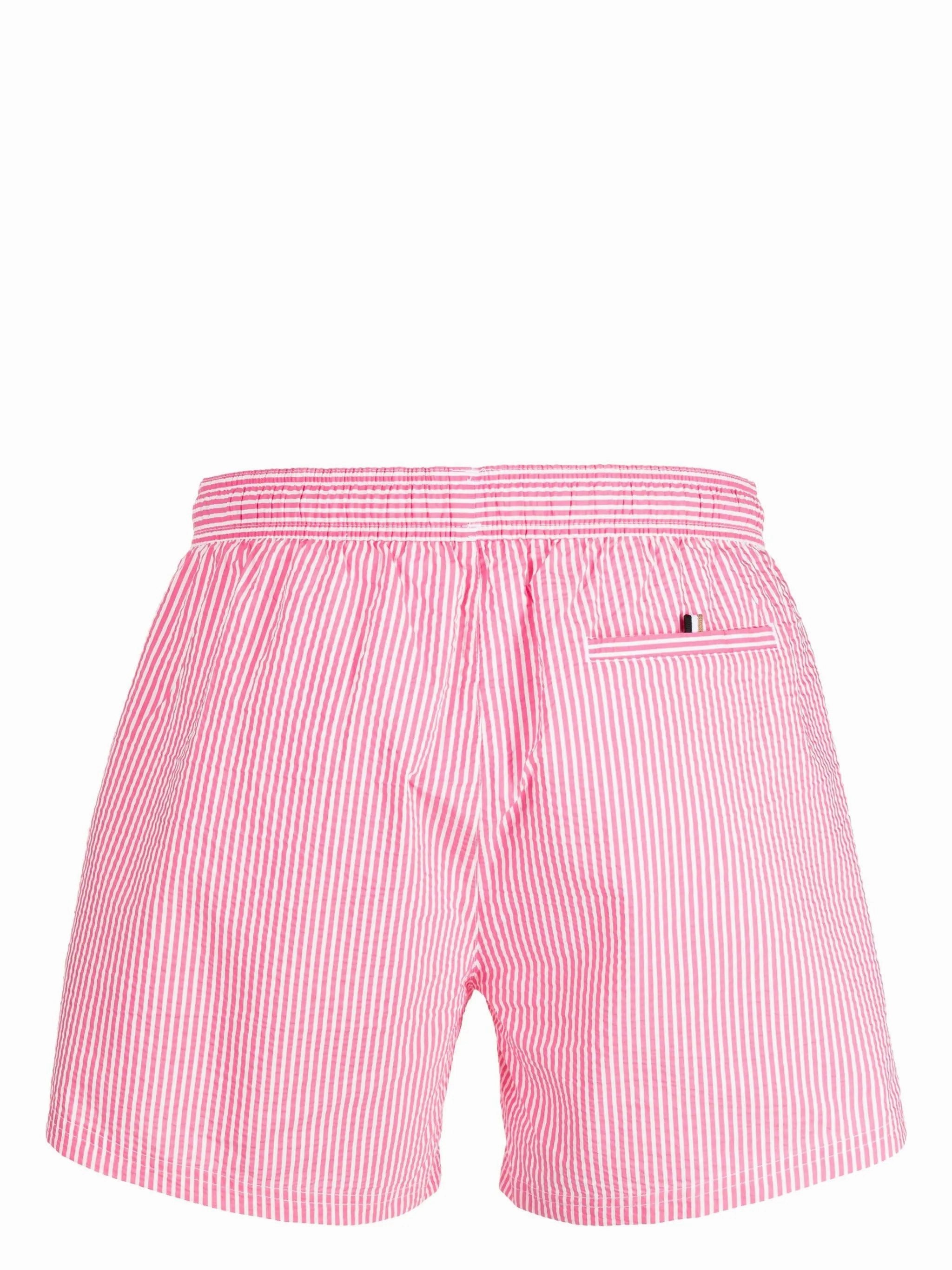 Hugo Boss Men's Velvetfish Pink Striped Seersucker Swim Trunks, Large