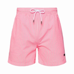 Hugo Boss Men's Velvetfish Pink Striped Seersucker Swim Trunks, Large