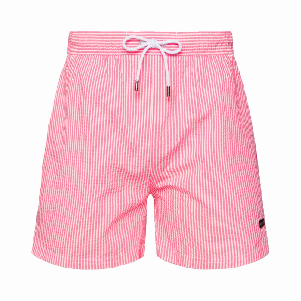 Hugo Boss Men's Velvetfish Pink Striped Seersucker Swim Trunks, Large