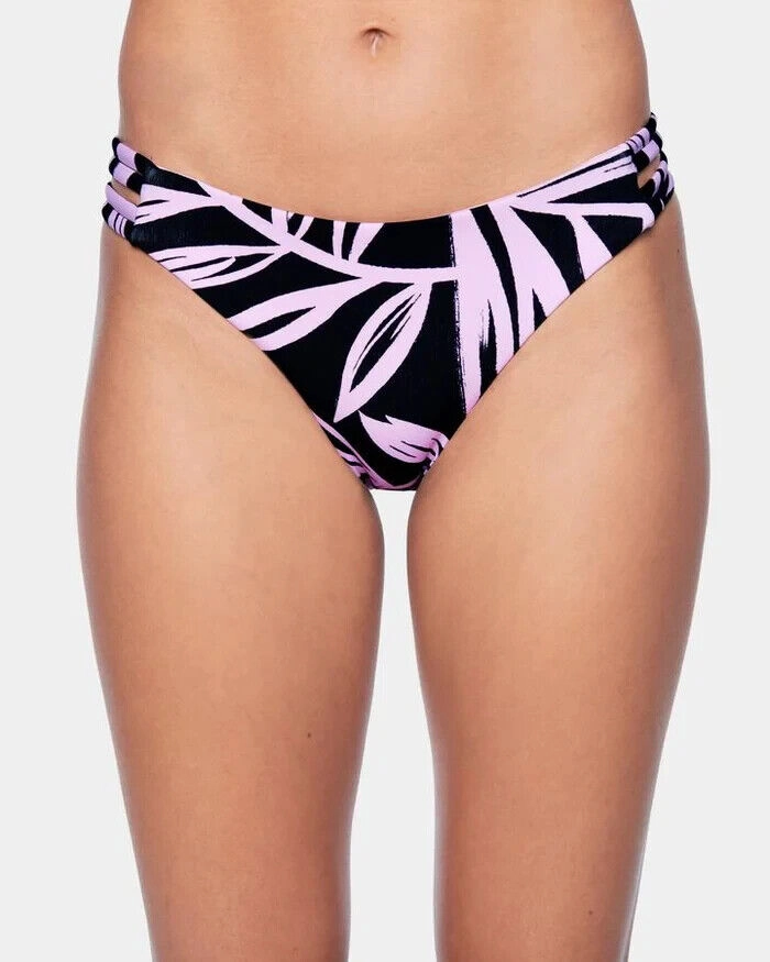 Hurley Max Mystic Leaves Moderate Bikini Bottom Womens Small Black Purple ERK600