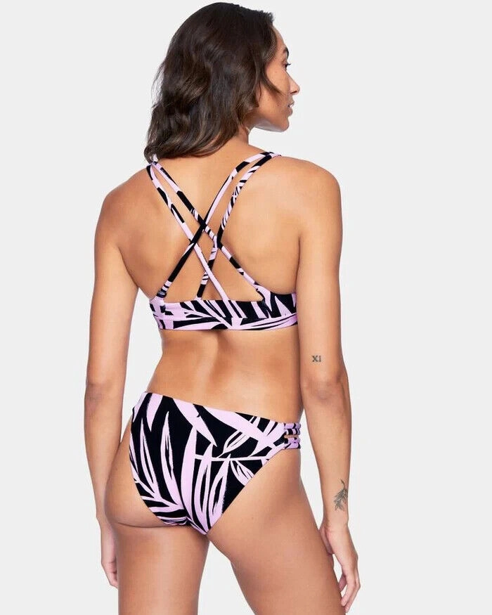 Hurley Max Mystic Leaves Moderate Bikini Bottom Womens Small Black Purple ERK600