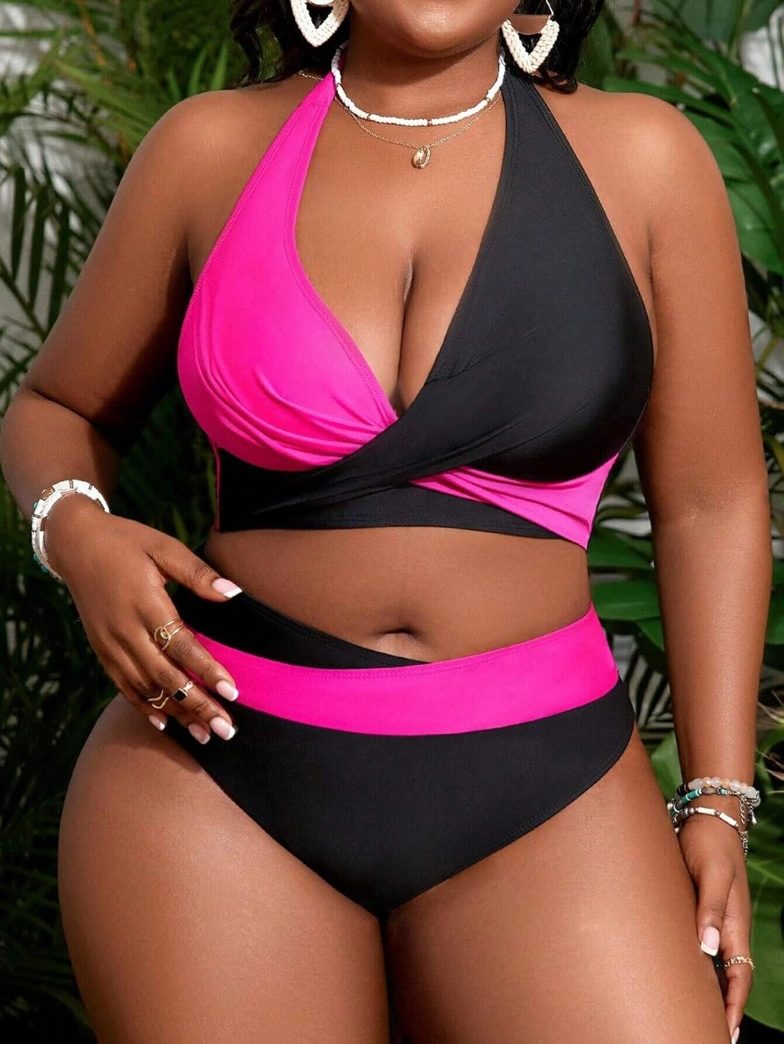 HYTENSUN Women' s Plus Size Bikini 2 Piece Color Block Swimsuits High Waisted Tummy Control Bathing Suit Adjustable Tie Strap