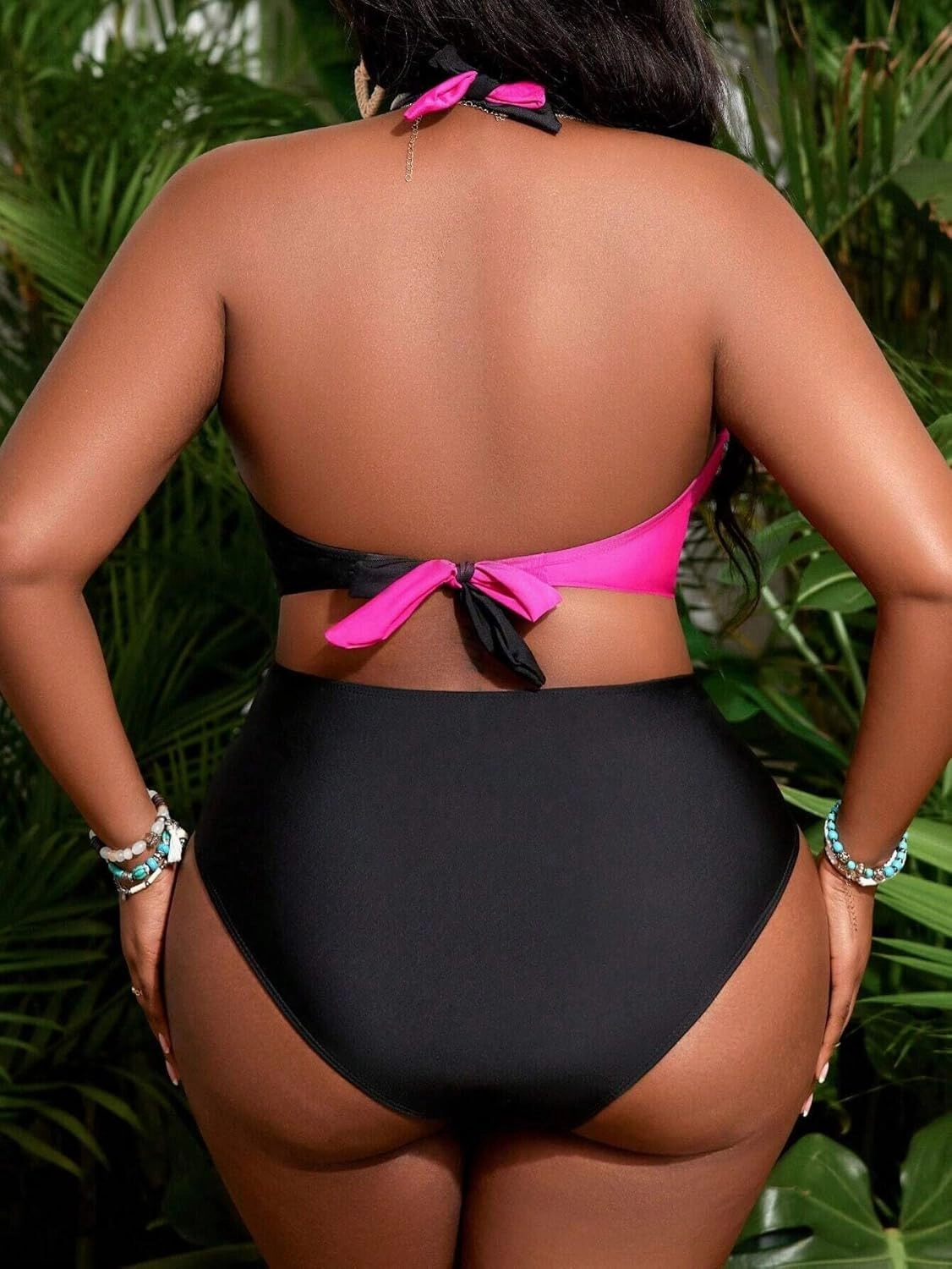 HYTENSUN Women' s Plus Size Bikini 2 Piece Color Block Swimsuits High Waisted Tummy Control Bathing Suit Adjustable Tie Strap