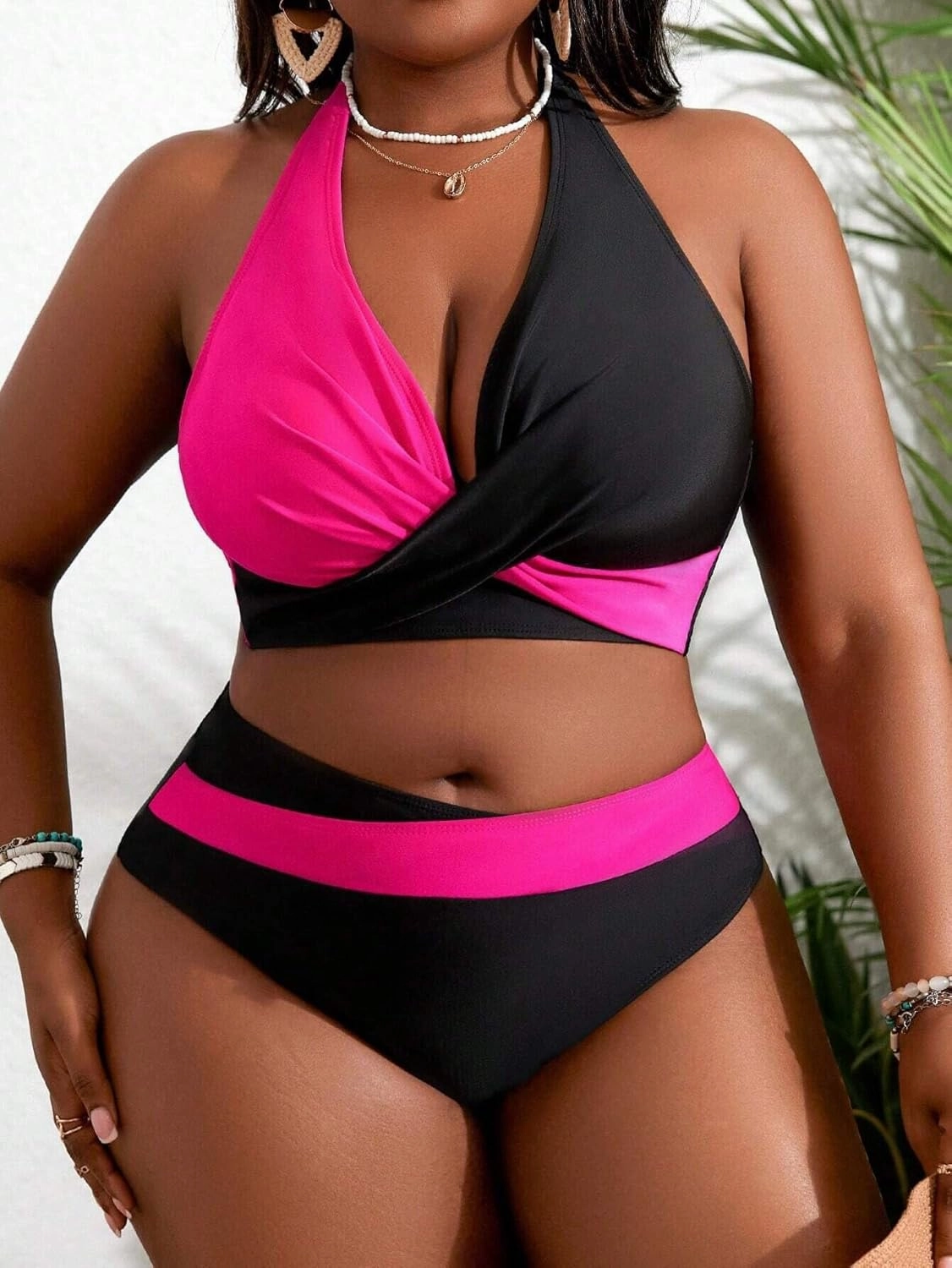 HYTENSUN Women' s Plus Size Bikini 2 Piece Color Block Swimsuits High Waisted Tummy Control Bathing Suit Adjustable Tie Strap