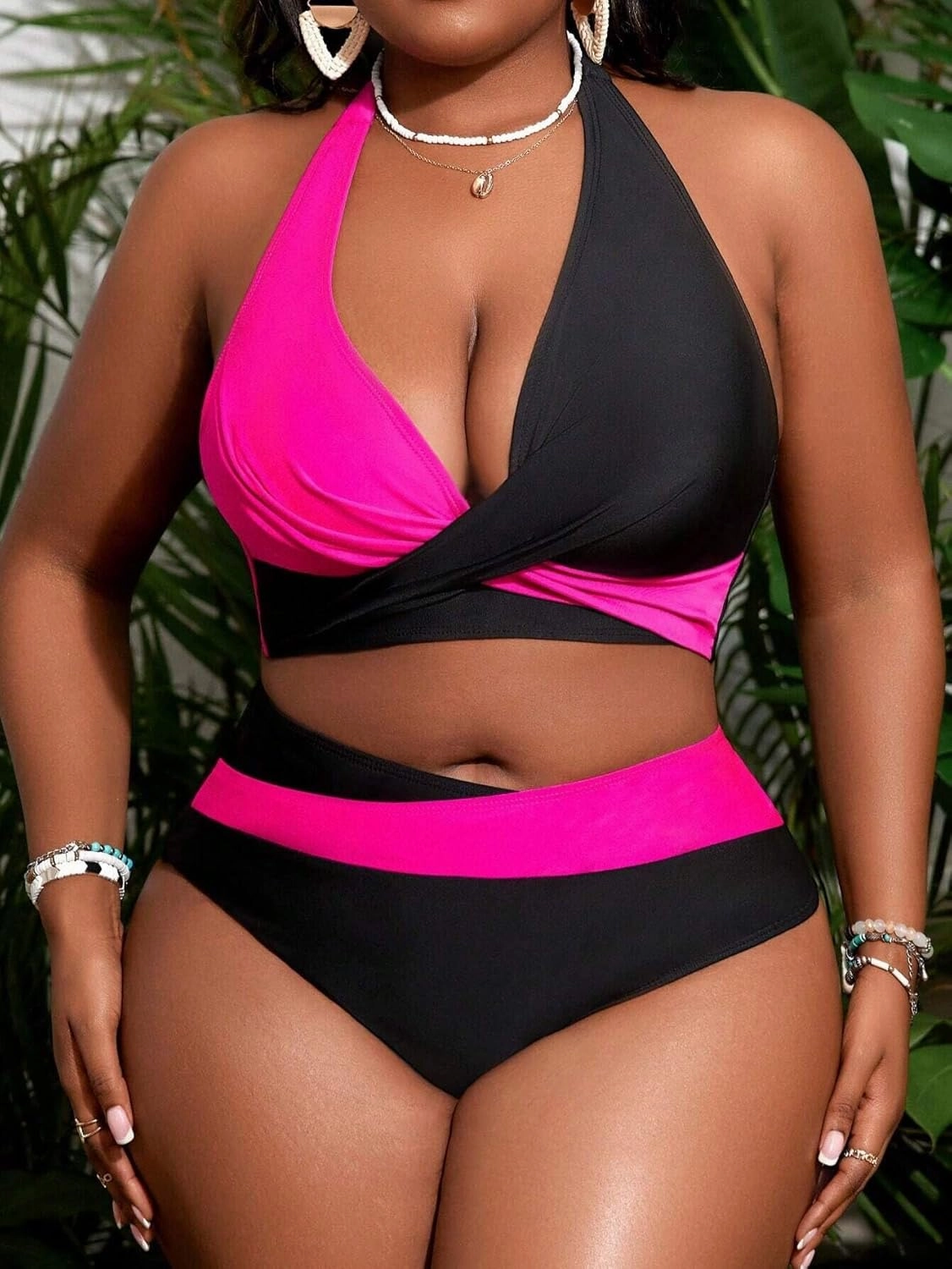 HYTENSUN Women' s Plus Size Bikini 2 Piece Color Block Swimsuits High Waisted Tummy Control Bathing Suit Adjustable Tie Strap