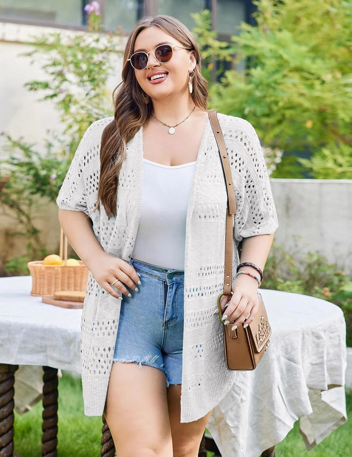 IN'VOLAND Plus Size Lightweight Crochet Cardigan for Women Short Sleeve Summer Kimonos Boho Open Front Knitted Cardigans