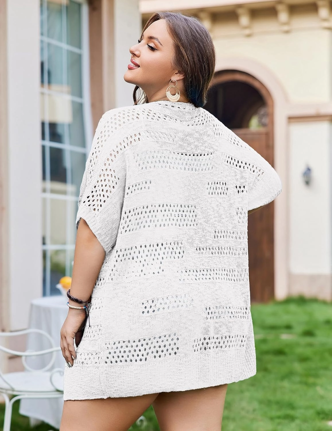 IN'VOLAND Plus Size Lightweight Crochet Cardigan for Women Short Sleeve Summer Kimonos Boho Open Front Knitted Cardigans