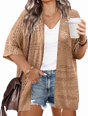 IN'VOLAND Plus Size Lightweight Crochet Cardigan for Women Short Sleeve Summer Kimonos Boho Open Front Knitted Cardigans