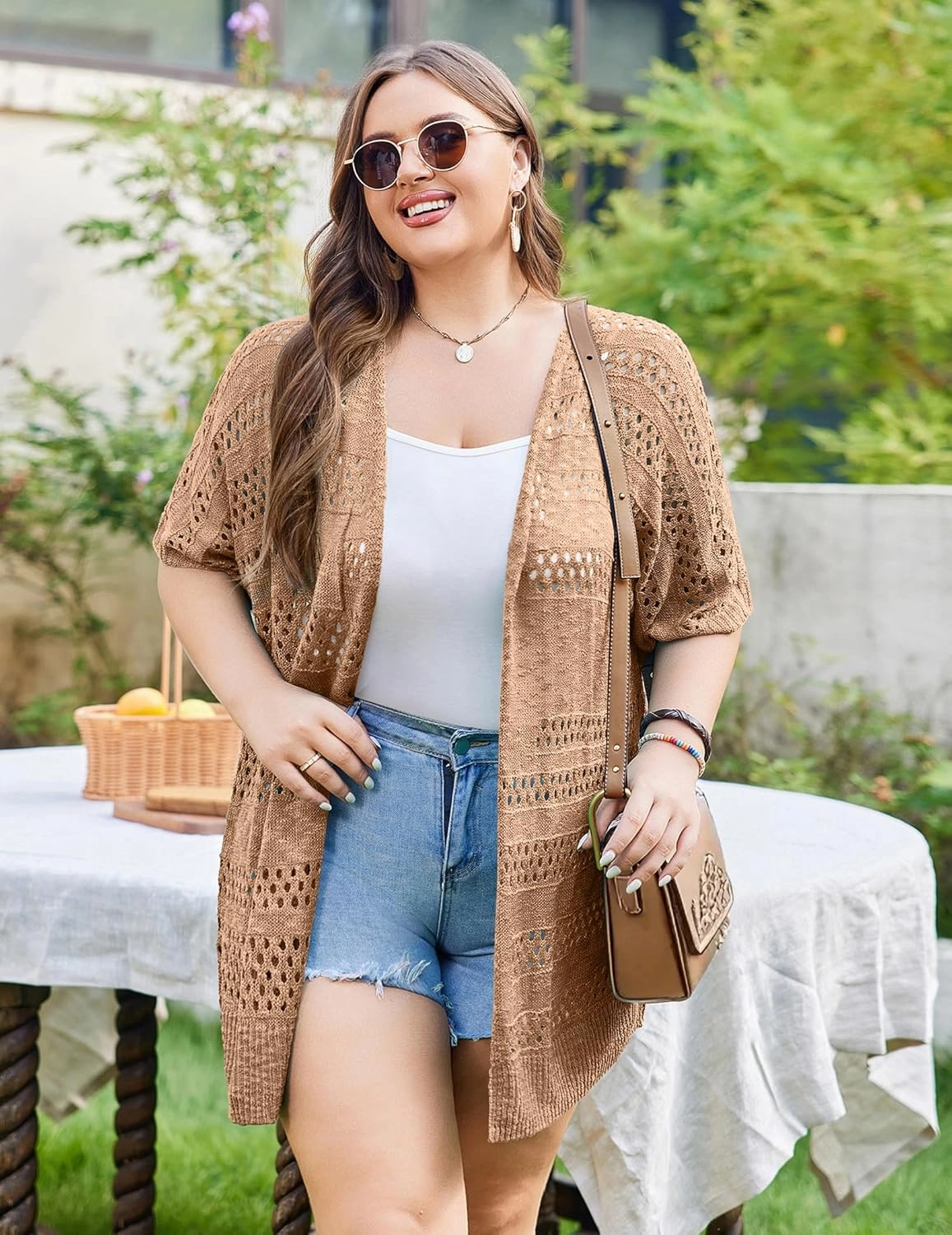 IN'VOLAND Plus Size Lightweight Crochet Cardigan for Women Short Sleeve Summer Kimonos Boho Open Front Knitted Cardigans