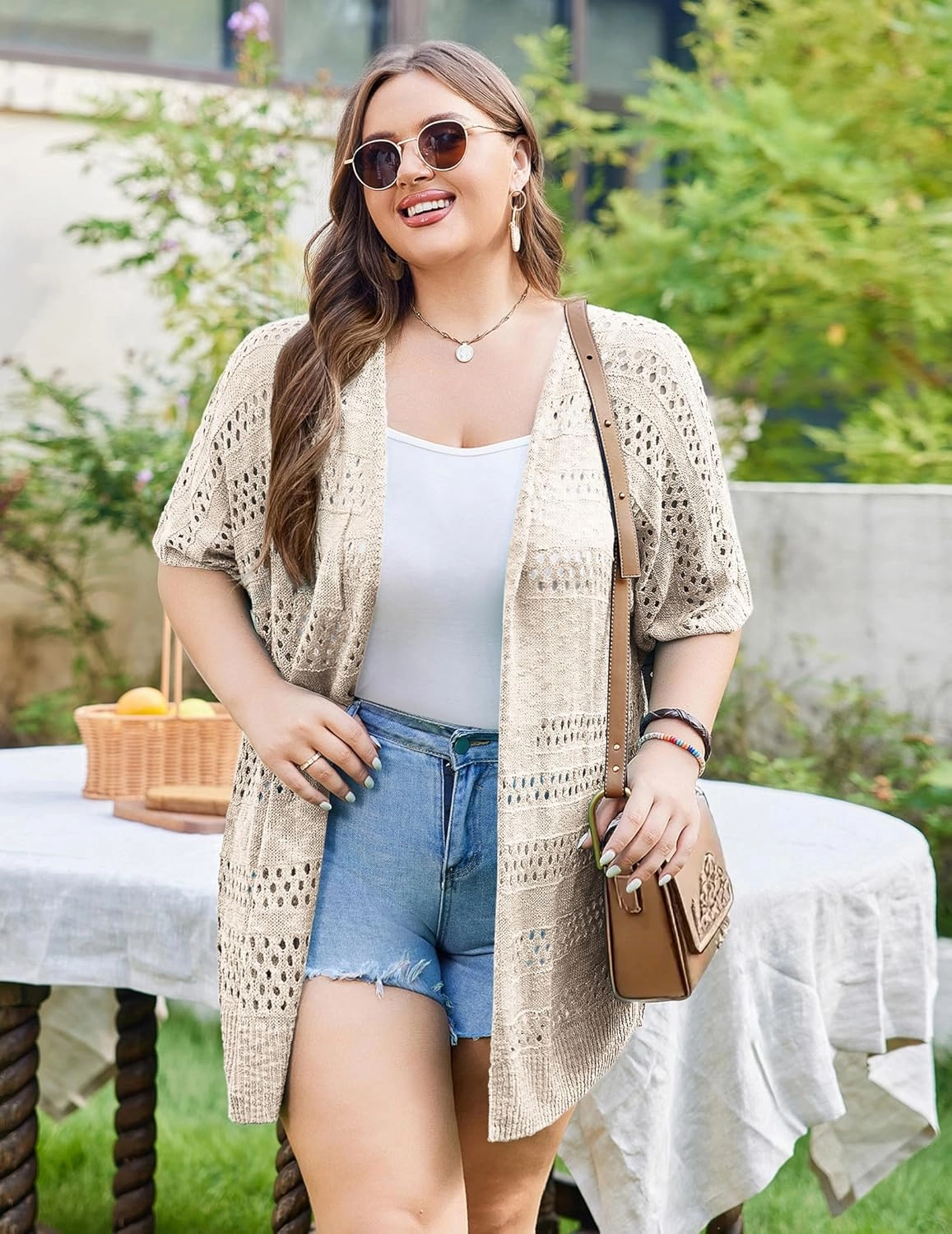 IN'VOLAND Plus Size Lightweight Crochet Cardigan for Women Short Sleeve Summer Kimonos Boho Open Front Knitted Cardigans