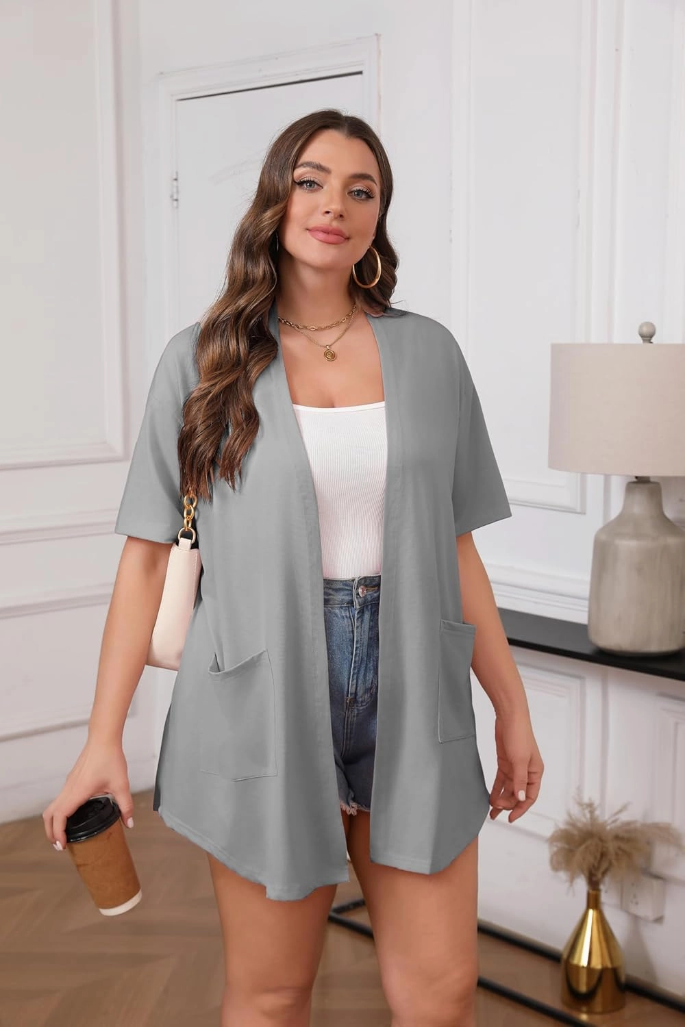 IN'VOLAND Women Plus Size Lightweight Cardigan Short Sleeve Open Front Casual Summer Kimonos Cardigans with Pockets