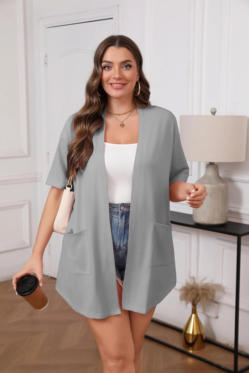 IN'VOLAND Women Plus Size Lightweight Cardigan Short Sleeve Open Front Casual Summer Kimonos Cardigans with Pockets