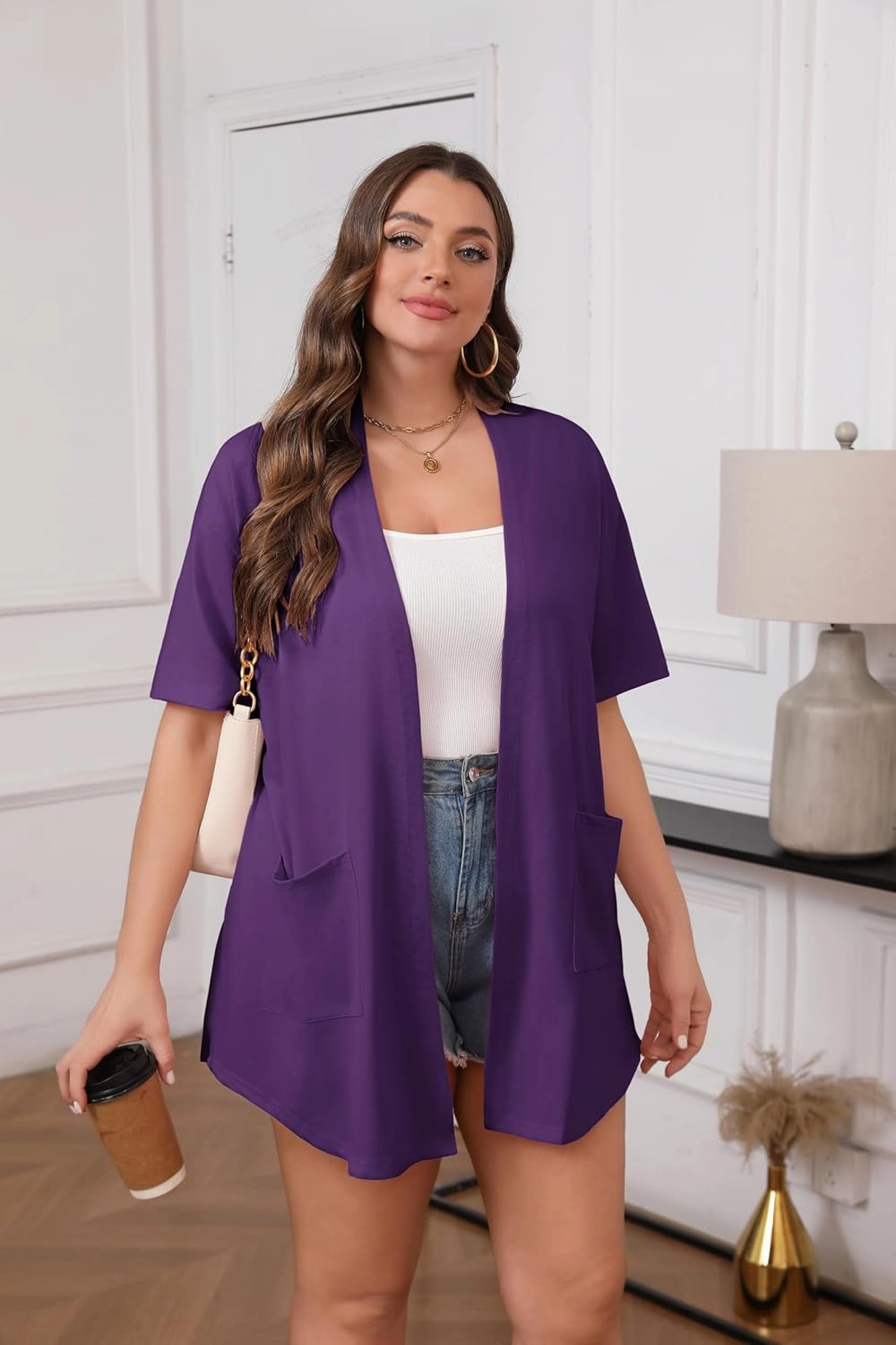 IN'VOLAND Women Plus Size Lightweight Cardigan Short Sleeve Open Front Casual Summer Kimonos Cardigans with Pockets