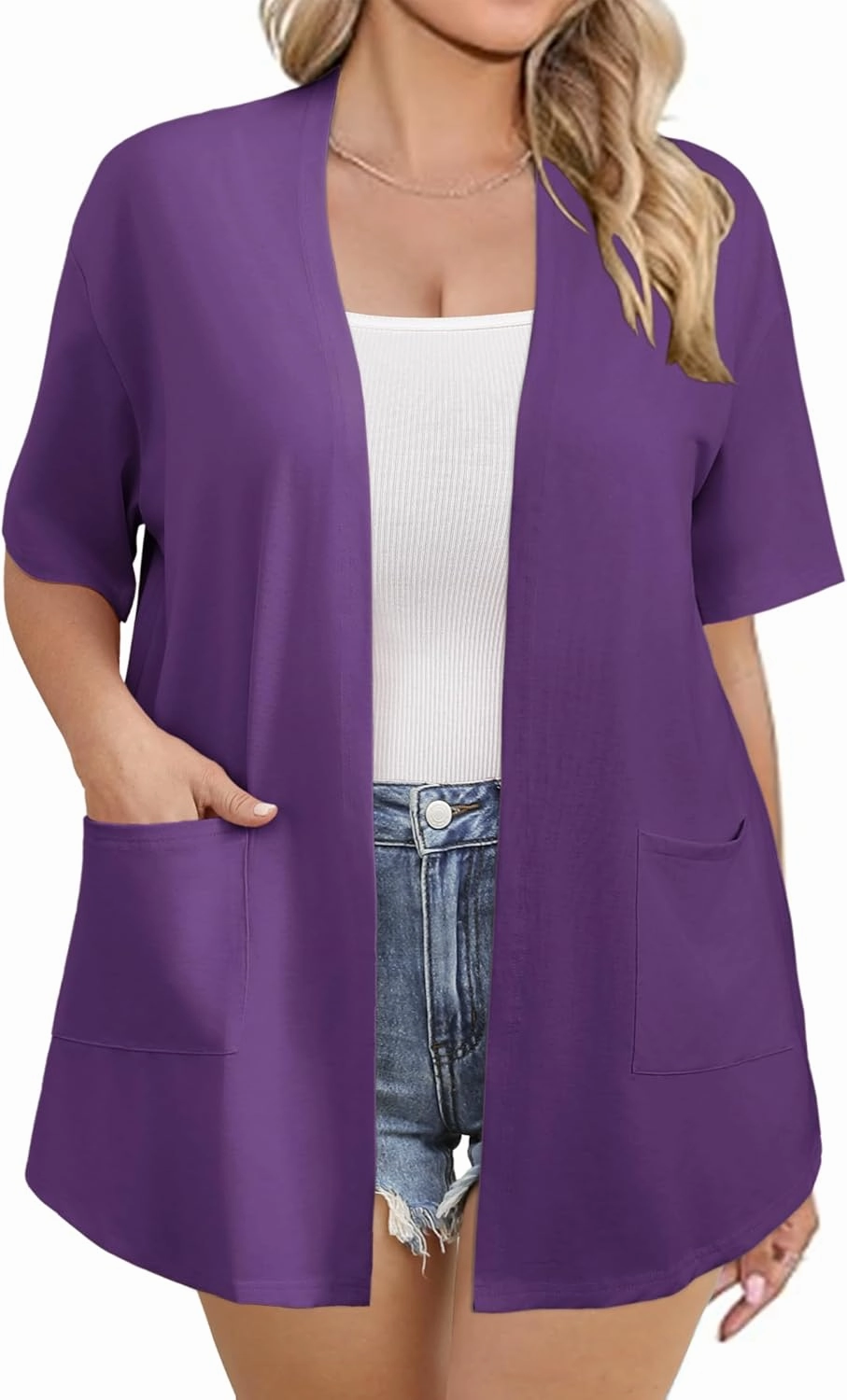 IN'VOLAND Women Plus Size Lightweight Cardigan Short Sleeve Open Front Casual Summer Kimonos Cardigans with Pockets