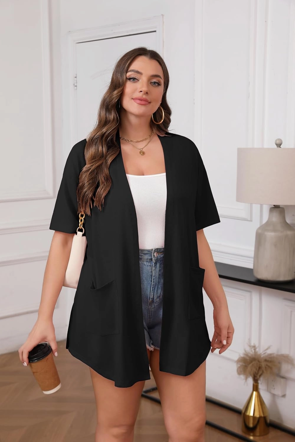 IN'VOLAND Women Plus Size Lightweight Cardigan Short Sleeve Open Front Casual Summer Kimonos Cardigans with Pockets
