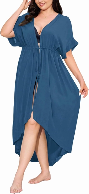 IN'VOLAND Women Plus Size Long Cover up Stripe Bikini Coverups Kimono Tie Front Bathing Suit Swimsuit Beachwear