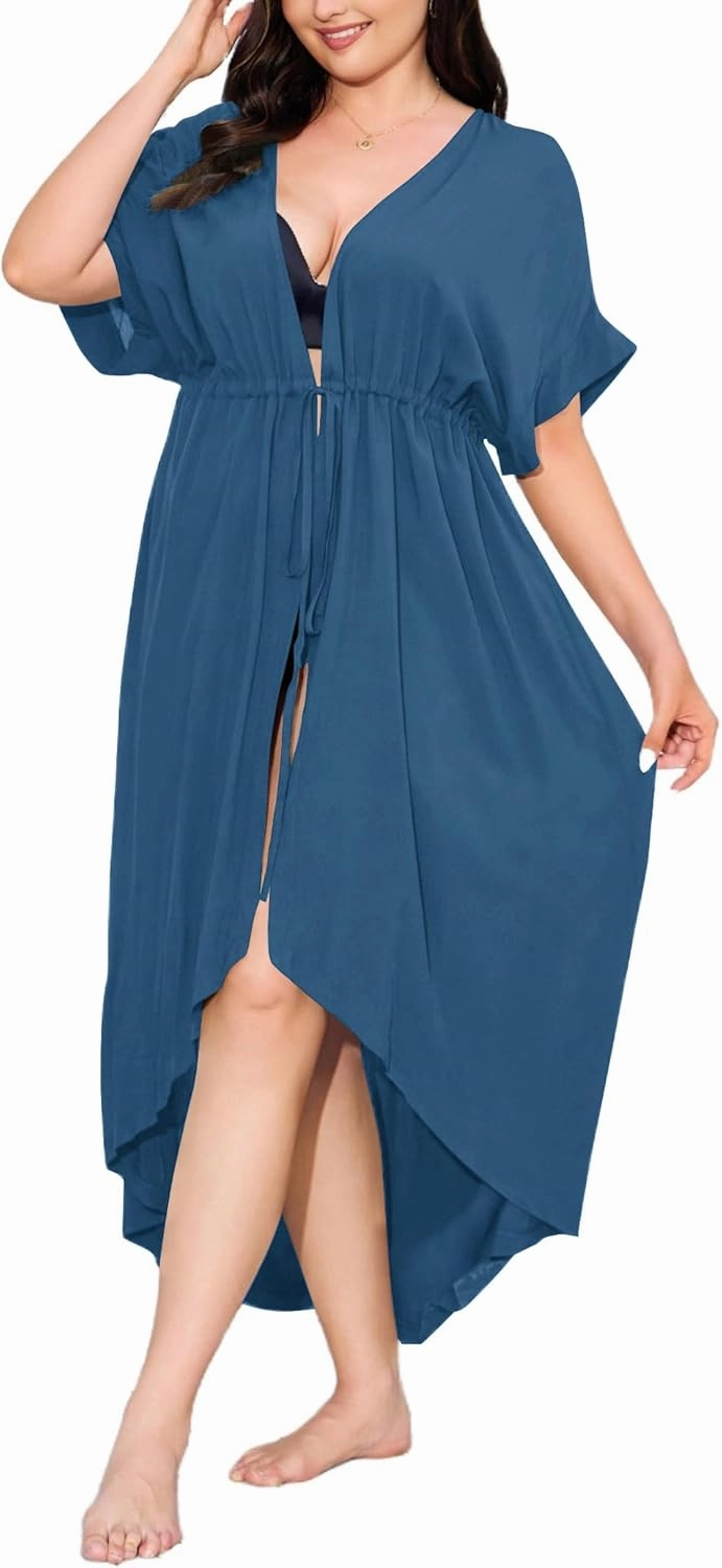 IN'VOLAND Women Plus Size Long Cover up Stripe Bikini Coverups Kimono Tie Front Bathing Suit Swimsuit Beachwear