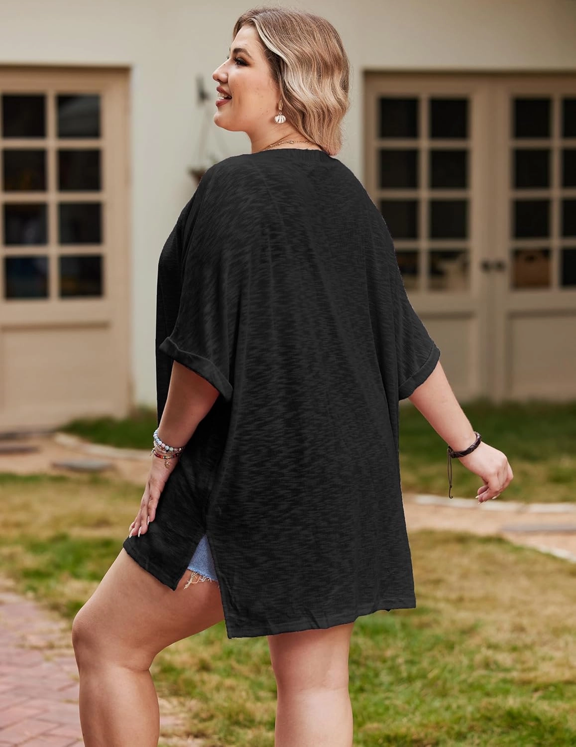 IN'VOLAND Womens Plus Size Lightweight Cardigan Open Front Short Sleeve Casual Loose Fit Beach Cover Up