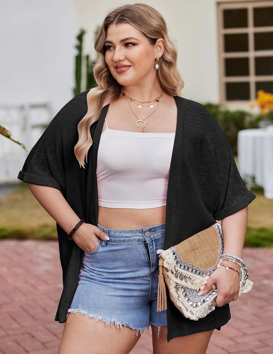 IN'VOLAND Womens Plus Size Lightweight Cardigan Open Front Short Sleeve Casual Loose Fit Beach Cover Up