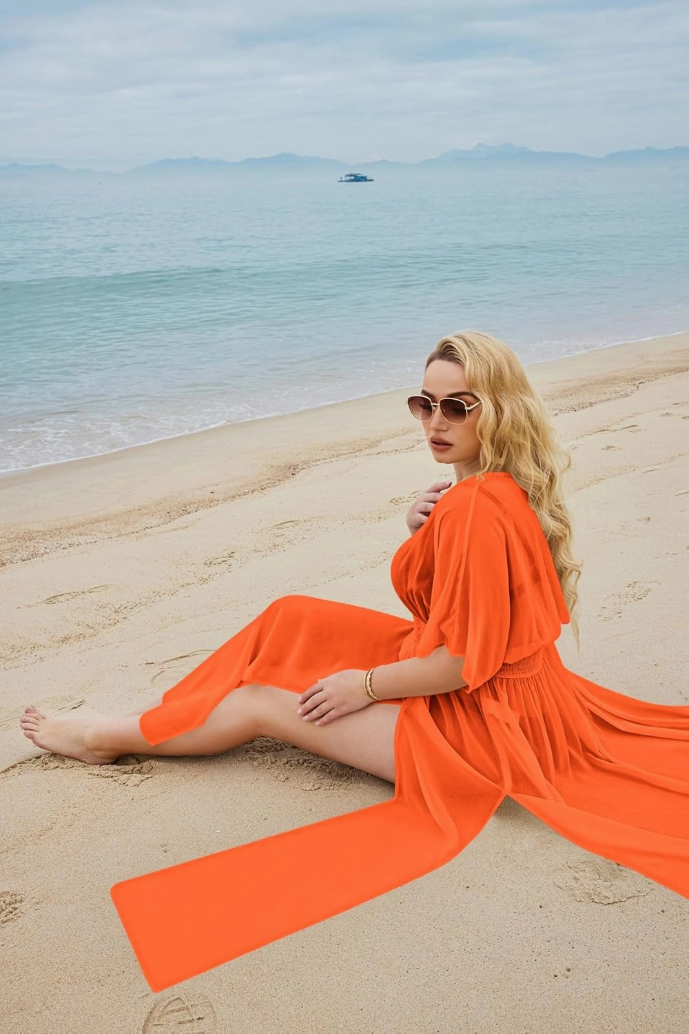 IN'VOLAND Womens Plus Size Swimsuit Cover Up Deep V Neck Bathing Suit Swimwear Bikini Coverup Long Split Kaftan Kimono Dress
