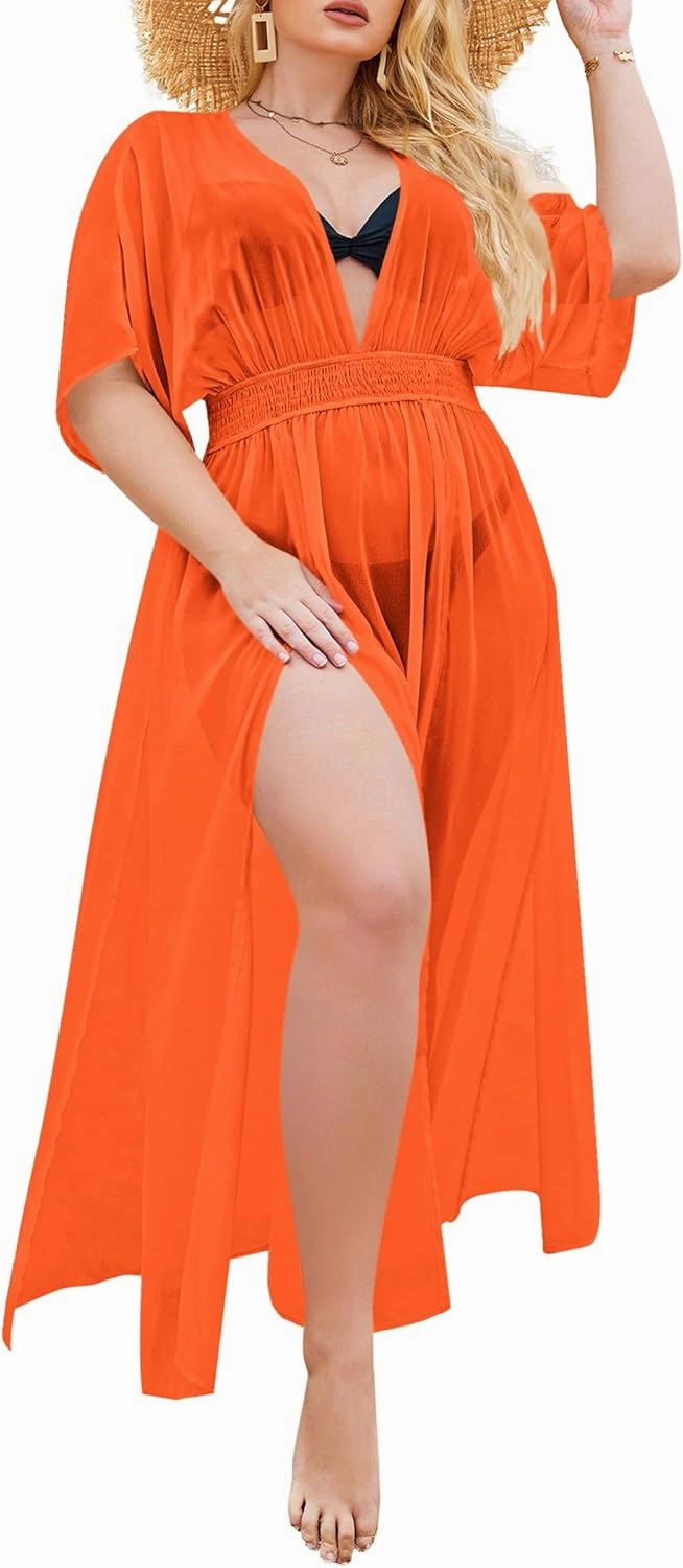 IN'VOLAND Womens Plus Size Swimsuit Cover Up Deep V Neck Bathing Suit Swimwear Bikini Coverup Long Split Kaftan Kimono Dress