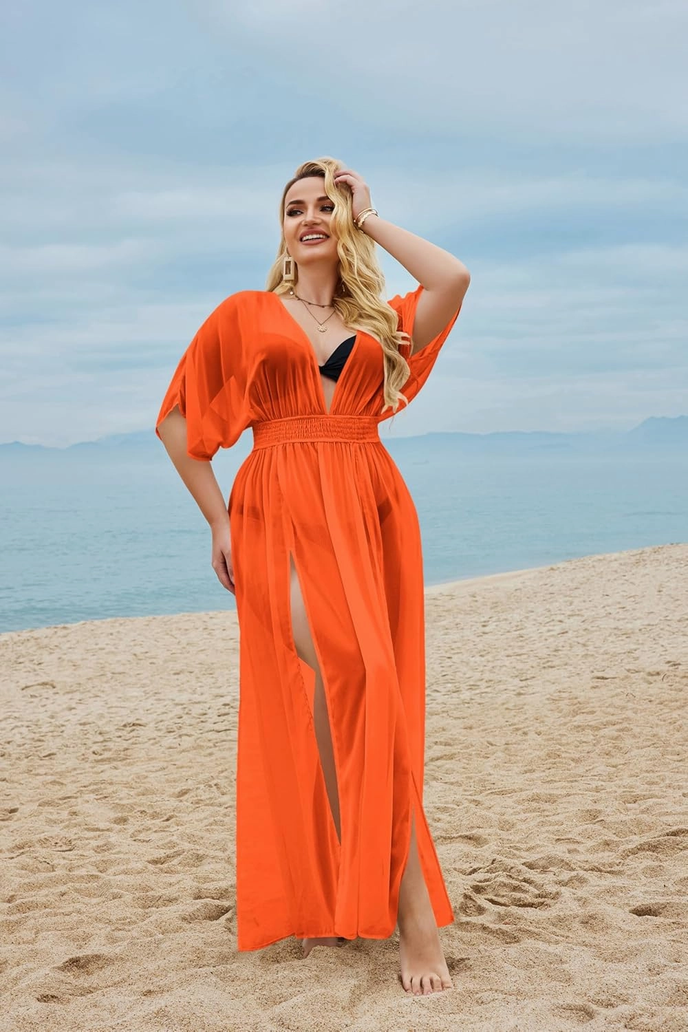 IN'VOLAND Womens Plus Size Swimsuit Cover Up Deep V Neck Bathing Suit Swimwear Bikini Coverup Long Split Kaftan Kimono Dress