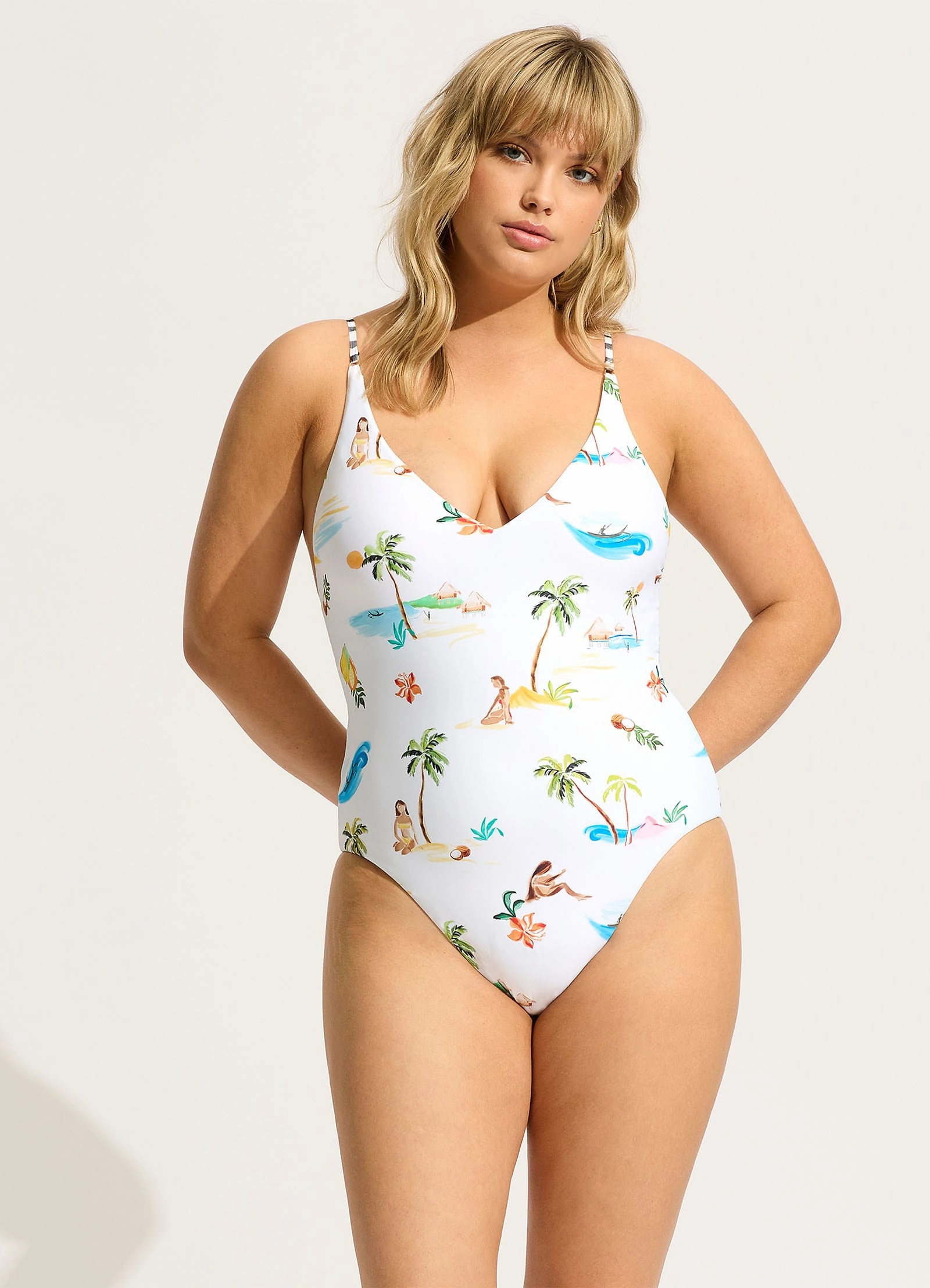 Isla Palm V Neck One Piece - White
