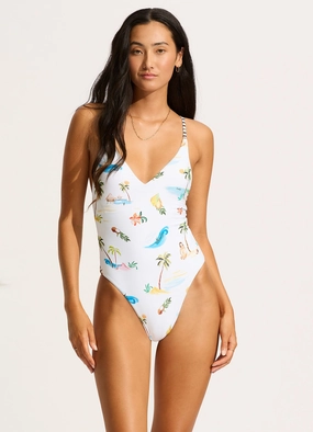 Isla Palm V Neck One Piece - White