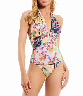 Japer Halter Plunge Neckline One Piece Swimsuit In Multi-Color