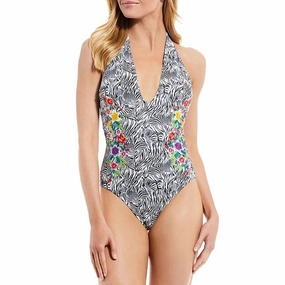 Johnny Was Women's Spring Halter Embroidered One-Piece Zebra Print