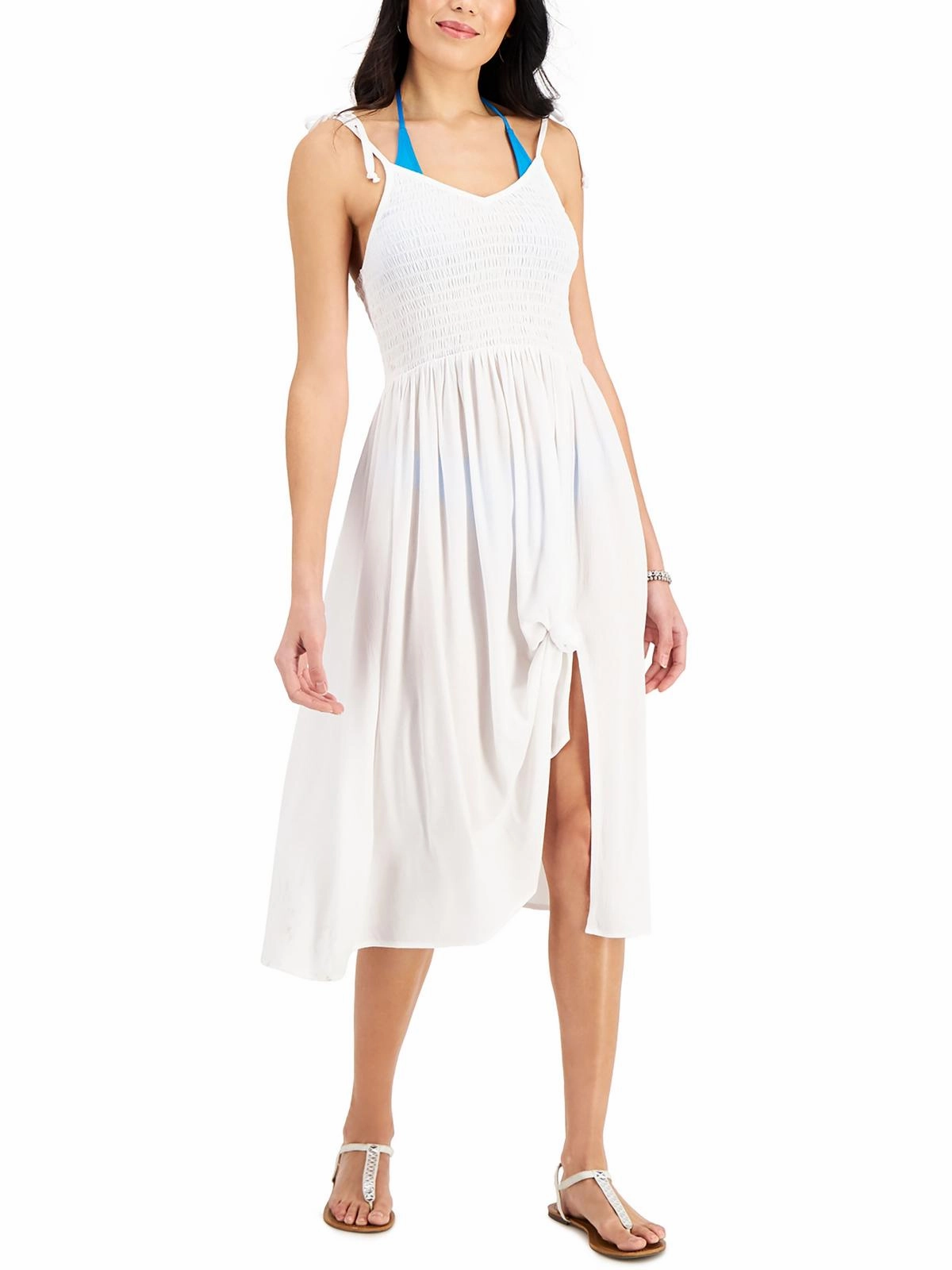 Juniors Womens Smocked Dress Cover-Up