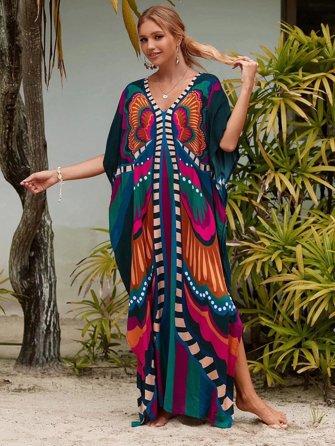Kaftan Dresses for Women Plus Size Lightweight Swimsuit Cover up Batwing Sleeve Print Loungewear Beach Robe