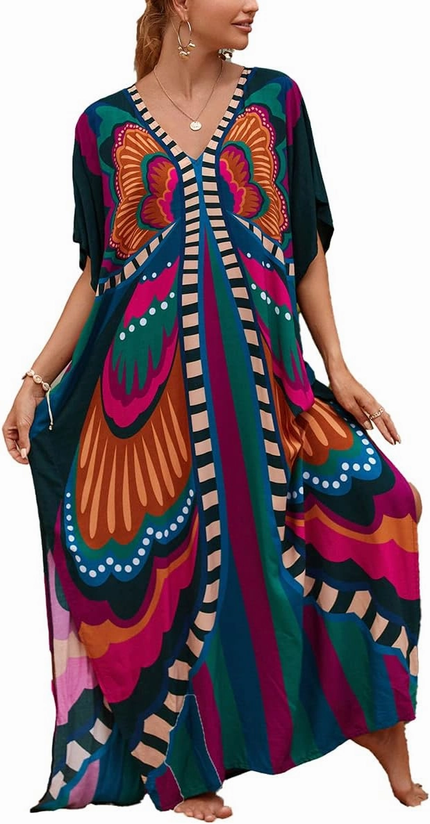 Kaftan Dresses for Women Plus Size Lightweight Swimsuit Cover up Batwing Sleeve Print Loungewear Beach Robe