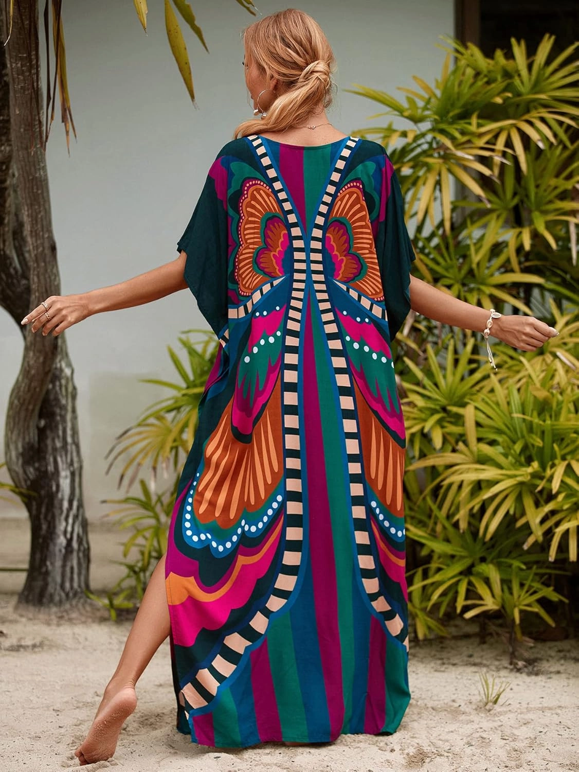 Kaftan Dresses for Women Plus Size Lightweight Swimsuit Cover up Batwing Sleeve Print Loungewear Beach Robe