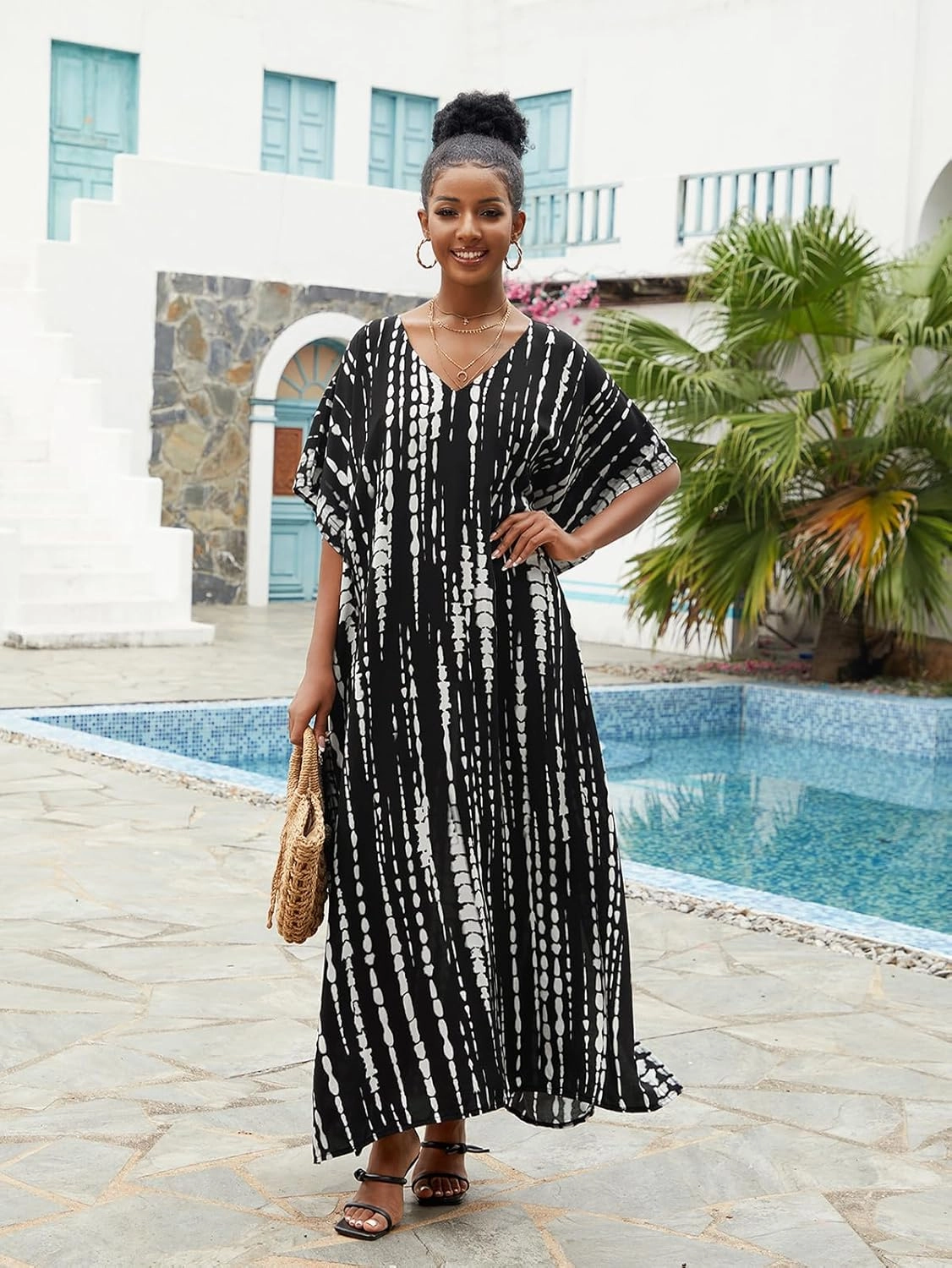 Kaftan Dresses for Women Plus Size Lightweight Swimsuit Cover up Batwing Sleeve Print Loungewear Beach Robe