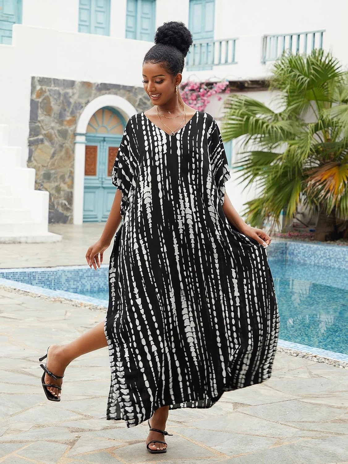 Kaftan Dresses for Women Plus Size Lightweight Swimsuit Cover up Batwing Sleeve Print Loungewear Beach Robe