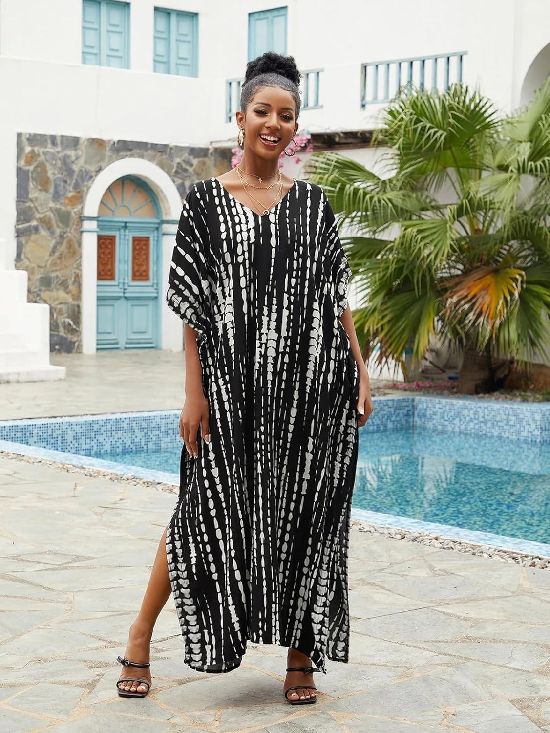 Kaftan Dresses for Women Plus Size Lightweight Swimsuit Cover up Batwing Sleeve Print Loungewear Beach Robe