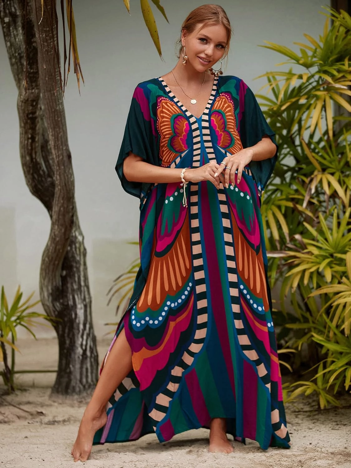 Kaftan Dresses for Women Plus Size Lightweight Swimsuit Cover up Batwing Sleeve Print Loungewear Beach Robe