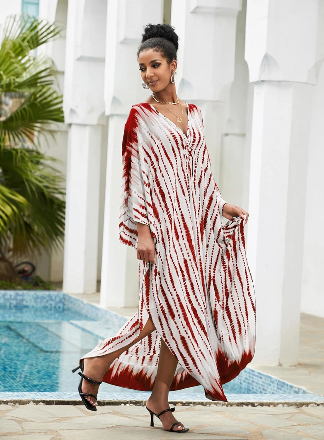 Kaftan Dresses Plus Size V-Neck Women's Swimwear Cover Ups Tie Dye Batwing Sleeves Mumu Caftan Dress