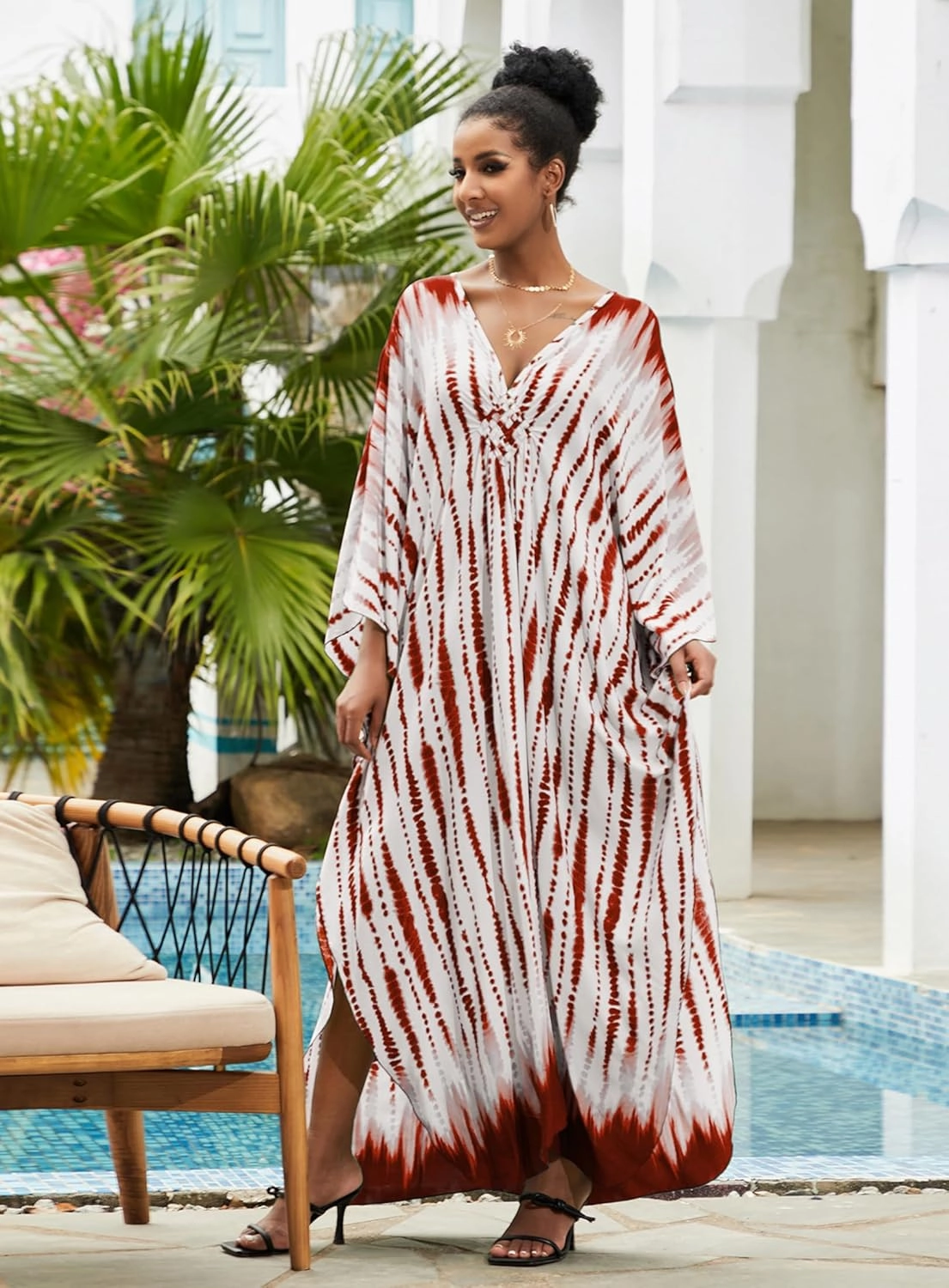 Kaftan Dresses Plus Size V-Neck Women's Swimwear Cover Ups Tie Dye Batwing Sleeves Mumu Caftan Dress