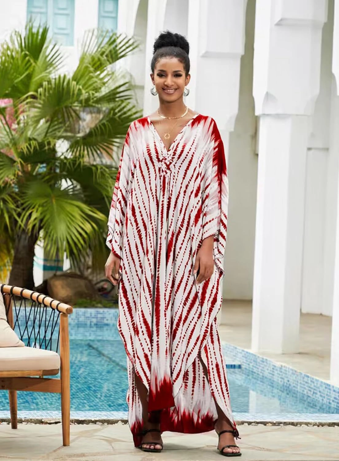 Kaftan Dresses Plus Size V-Neck Women's Swimwear Cover Ups Tie Dye Batwing Sleeves Mumu Caftan Dress