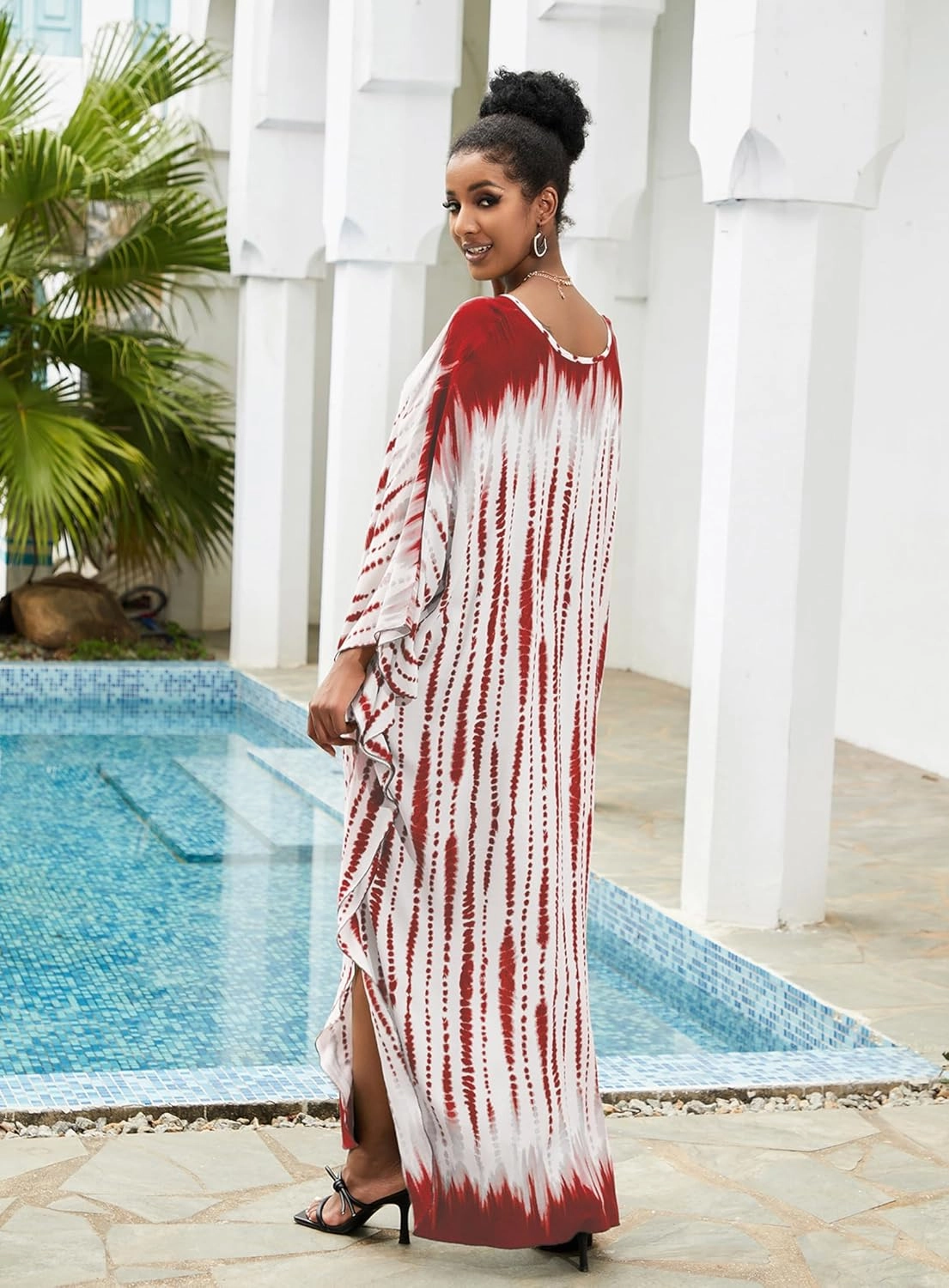 Kaftan Dresses Plus Size V-Neck Women's Swimwear Cover Ups Tie Dye Batwing Sleeves Mumu Caftan Dress