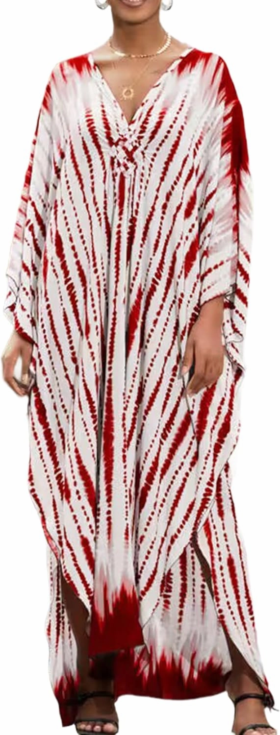 Kaftan Dresses Plus Size V-Neck Women's Swimwear Cover Ups Tie Dye Batwing Sleeves Mumu Caftan Dress