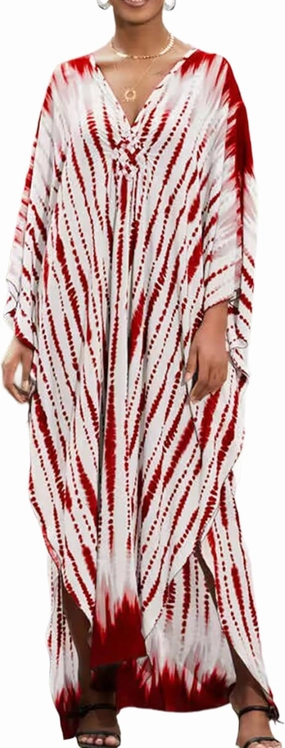 Kaftan Dresses Plus Size V-Neck Women's Swimwear Cover Ups Tie Dye Batwing Sleeves Mumu Caftan Dress