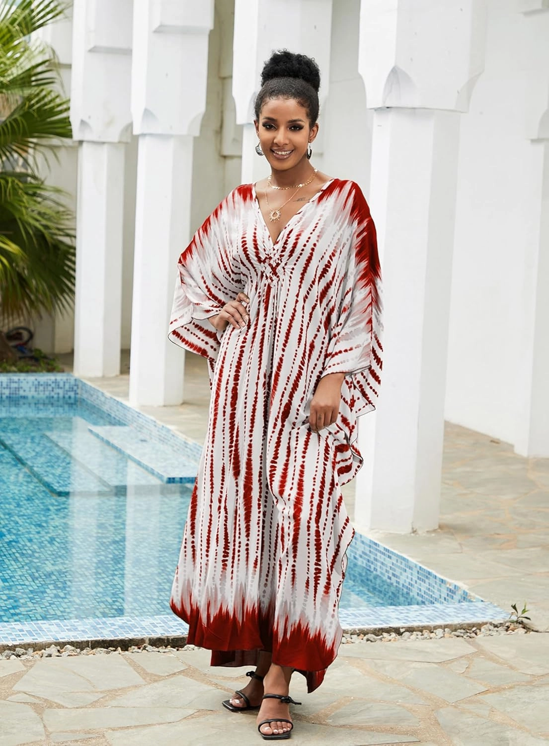 Kaftan Dresses Plus Size V-Neck Women's Swimwear Cover Ups Tie Dye Batwing Sleeves Mumu Caftan Dress